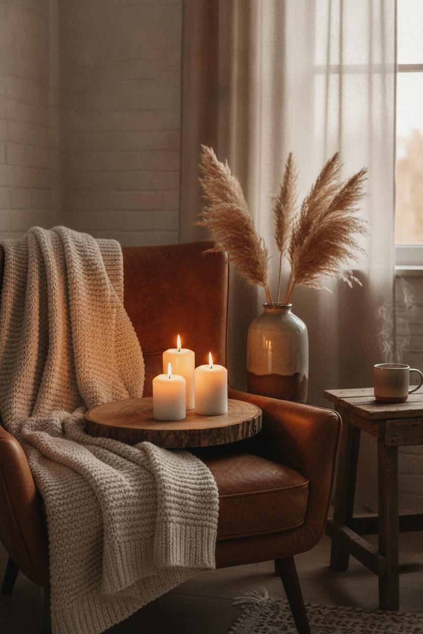 Cozy hygge vs minimalist living room corner with knit throw, leather chair, candles, and pampas grass