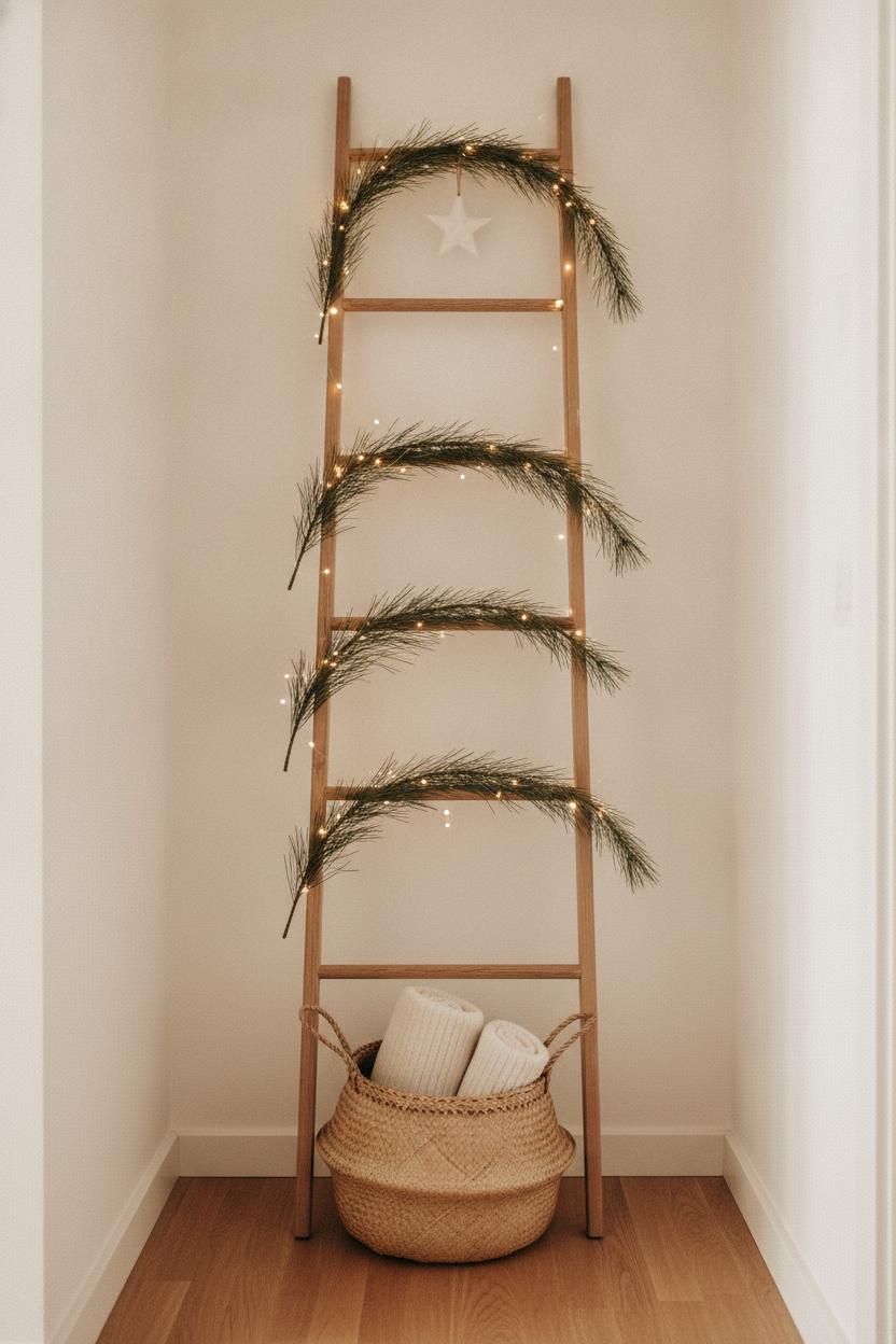 Tall ladder shelf with pine branches and fairy lights — minimalist holiday decor for small spaces in a bright entryway