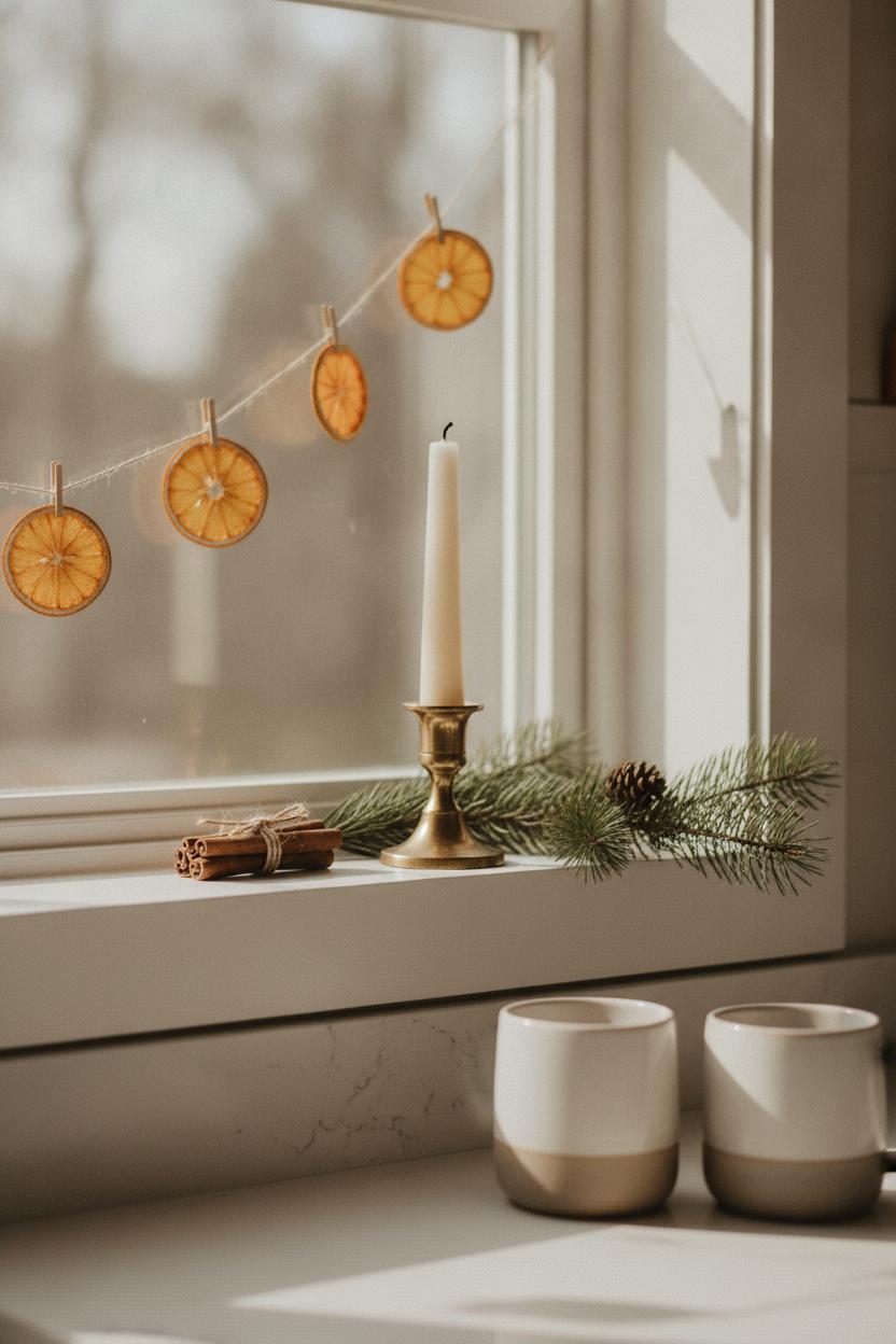 Minimalist holiday decor for small spaces: dried oranges, cinnamon sticks, pine sprig, and taper candle on a cozy kitchen windowsill