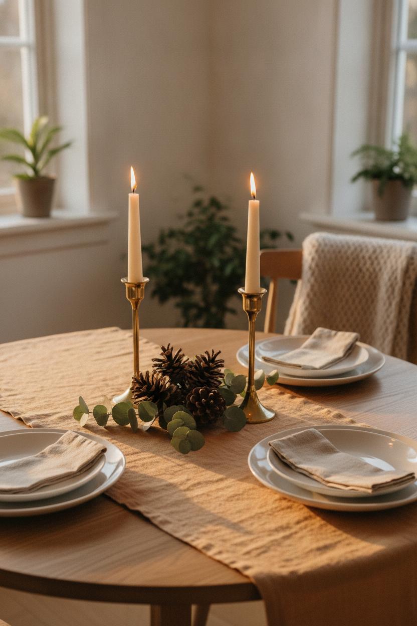 Minimalist holiday decor for small spaces: round dining table with linen runner, brass candles, pinecones, and eucalyptus centerpiece