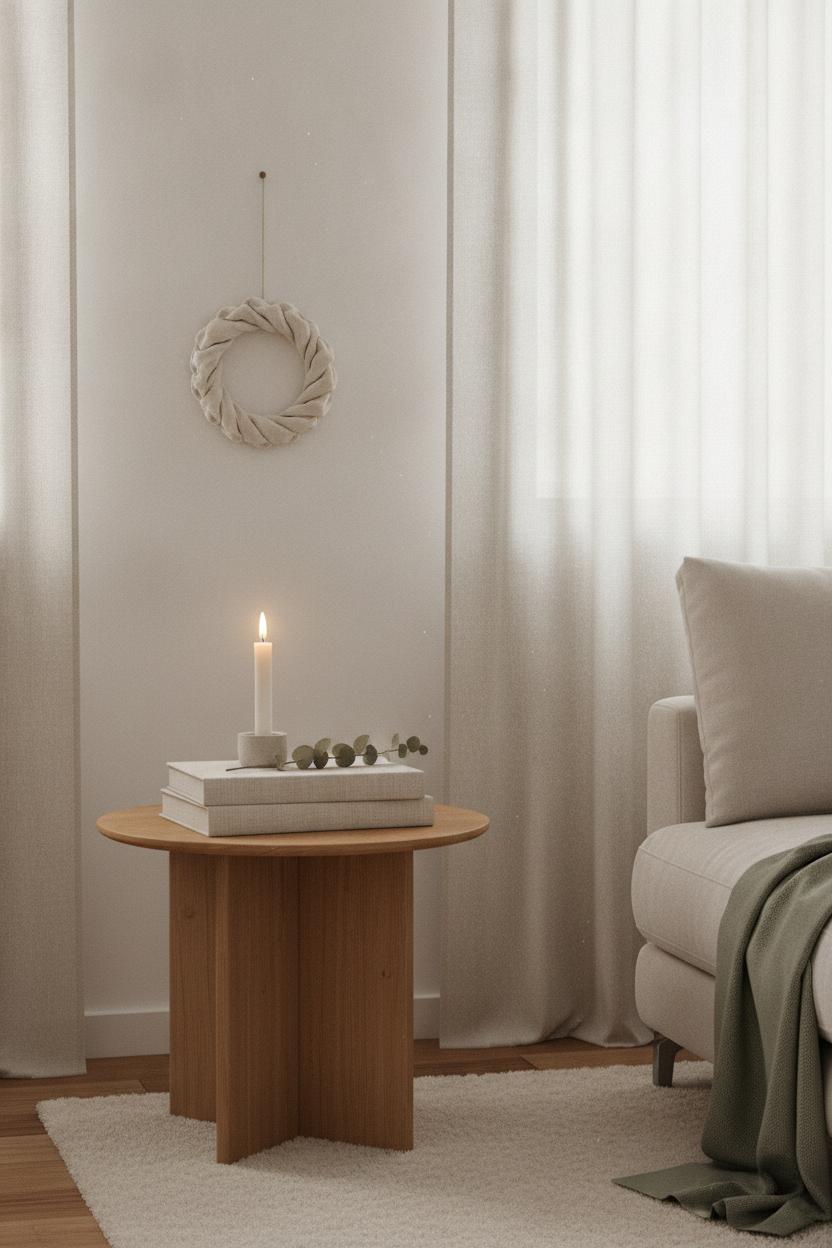 Minimalist holiday decor for small spaces with cream, sage green, and wood tones, candle, eucalyptus, and linen wreath