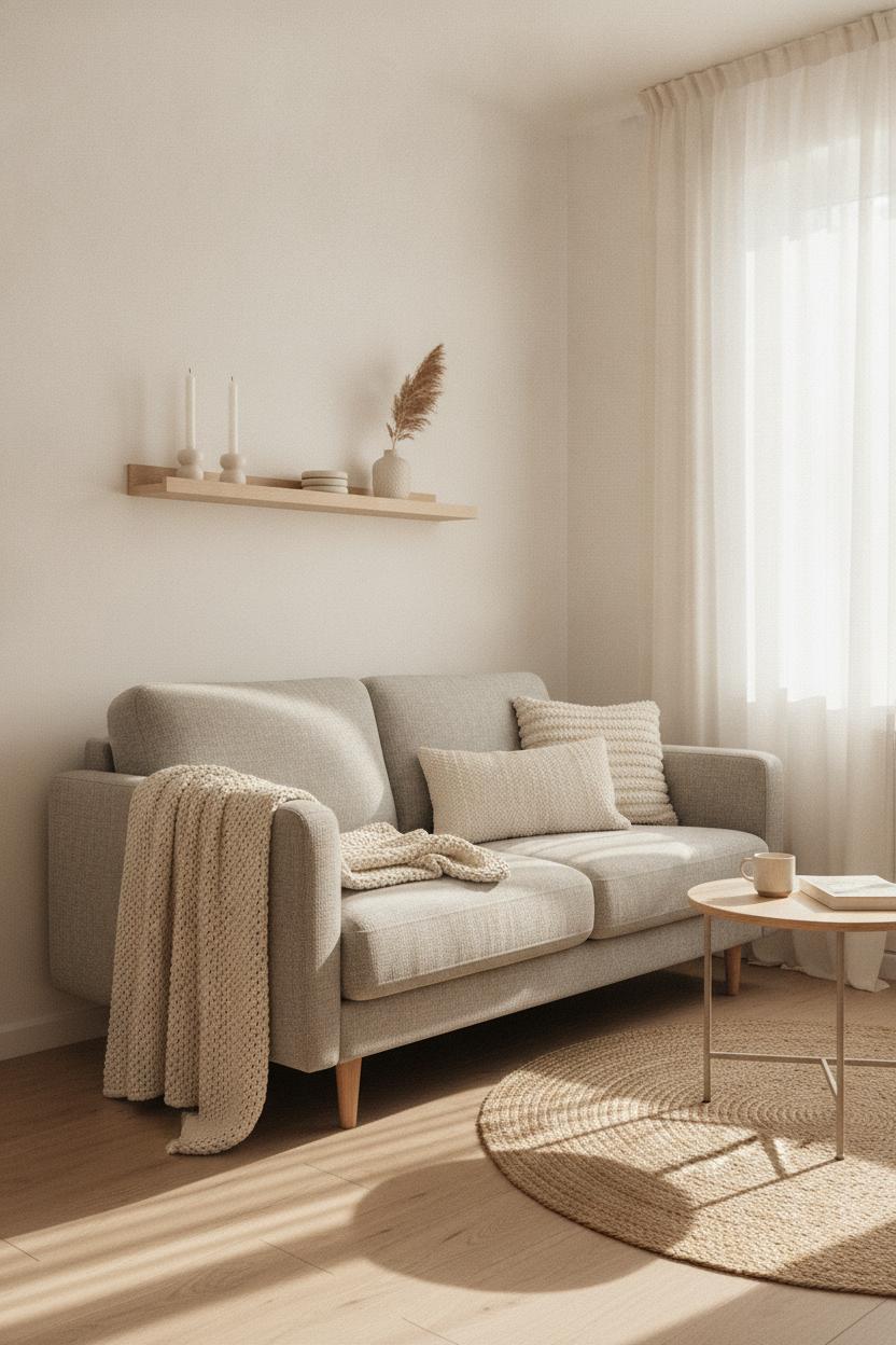 Cozy small living room decor ideas with warm white walls, sheer linen curtains, pale wood shelf, and textured throw blanket