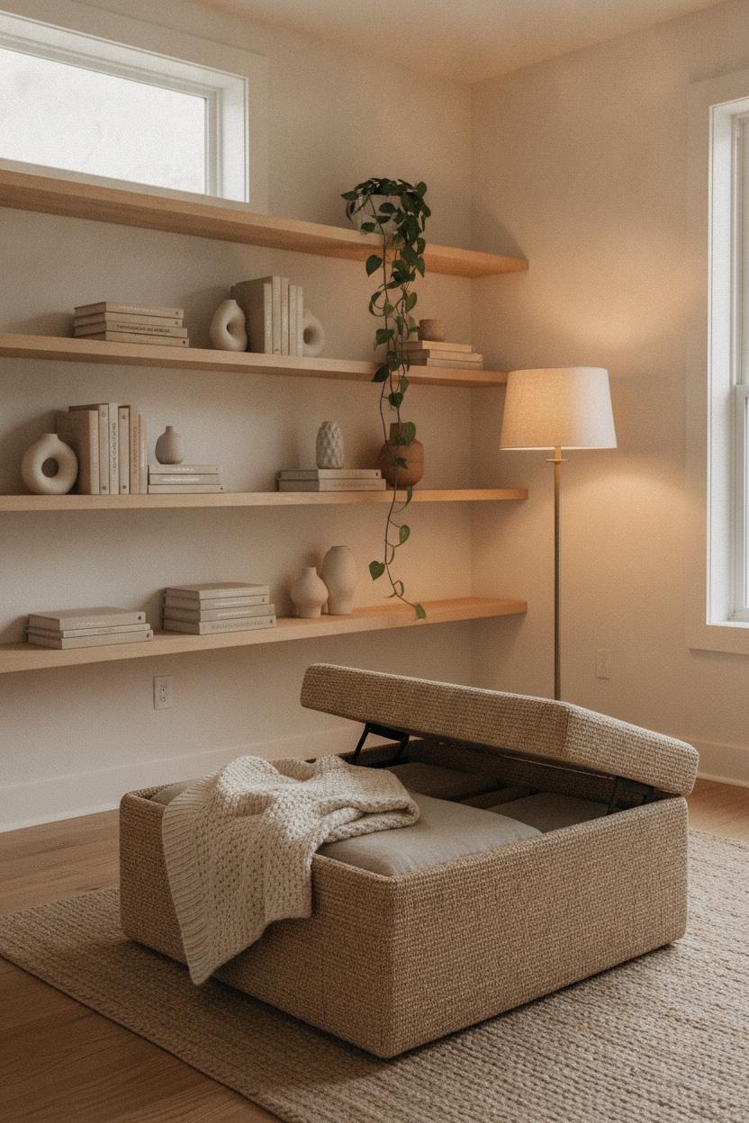Cozy minimalist living room with floating shelves, storage ottoman, and warm lamp light — small living room decor ideas