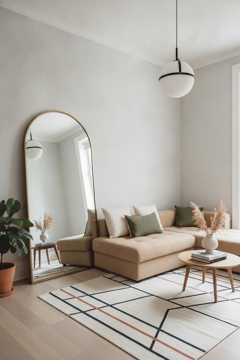 Small living room decor ideas with a statement mirror, beige sofa, geometric rug, and pendant light creating an airy, spacious feel.