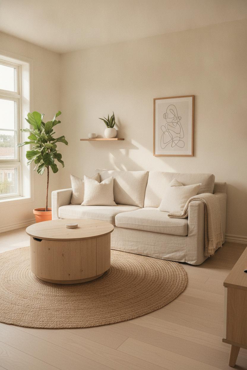 Cozy small living room decor ideas with linen sofa, wood coffee table, jute rug, and potted plants in Scandinavian style