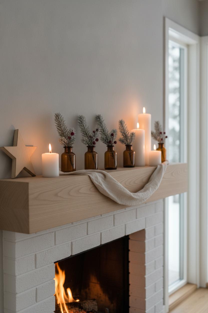 Scandinavian fireplace mantel with candles and pine branches — simple holiday decorating ideas for home