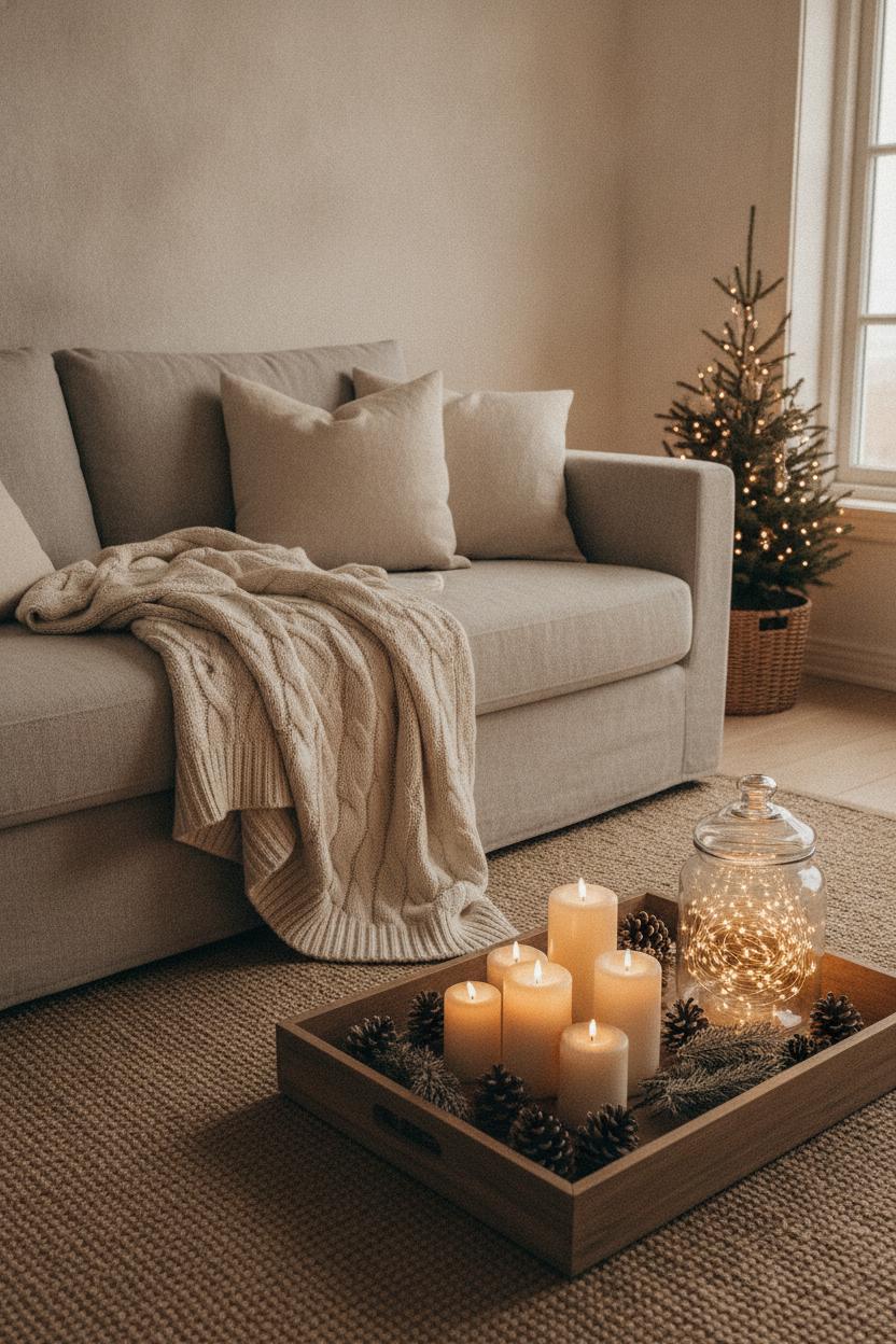 Cozy minimalist living room with simple holiday decorating ideas for home — knit throw, candles, pine cones, fairy lights