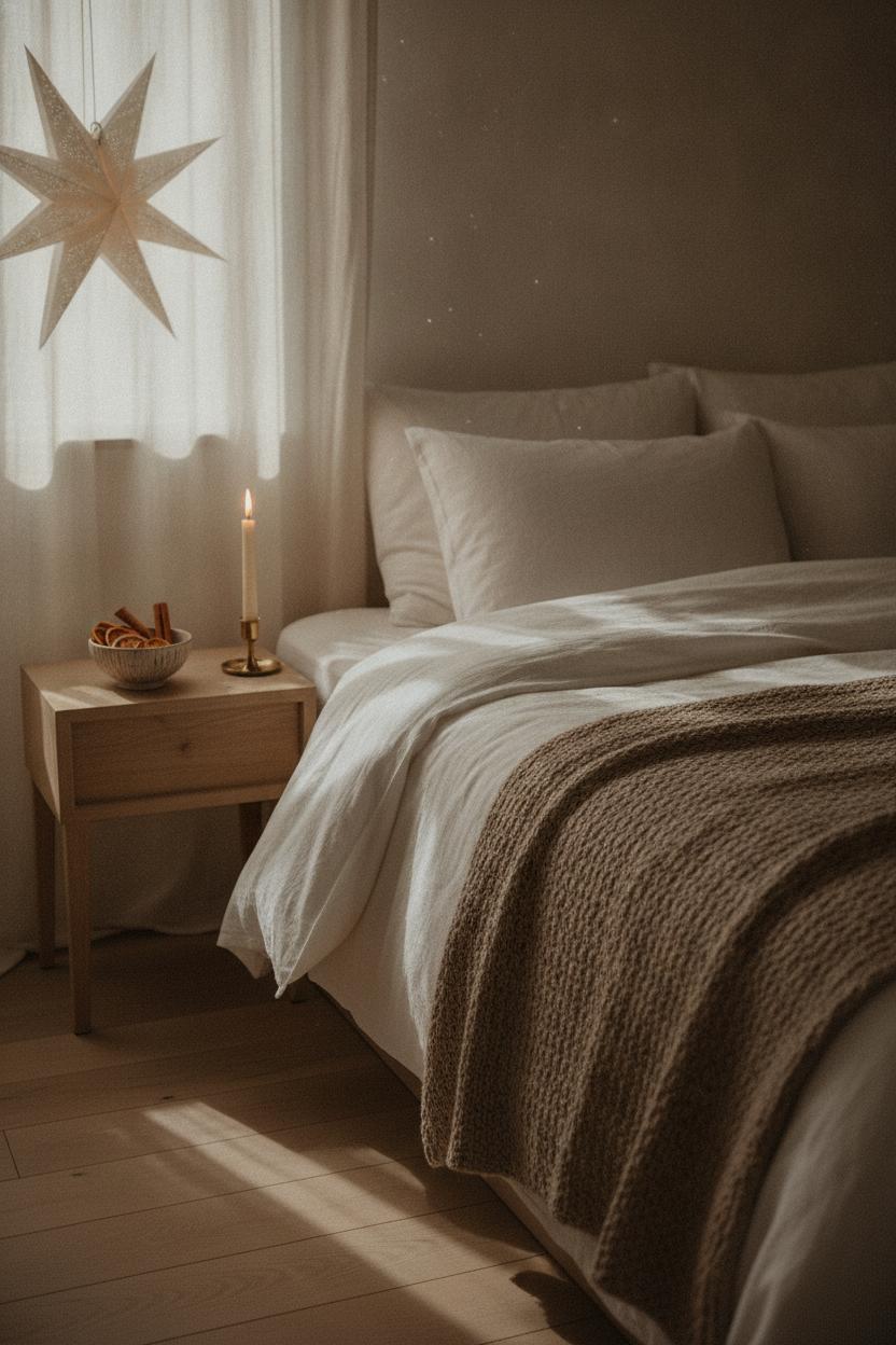 Minimalist bedroom with simple holiday decorating ideas: knit blanket, dried oranges, cinnamon, brass candle, star lantern