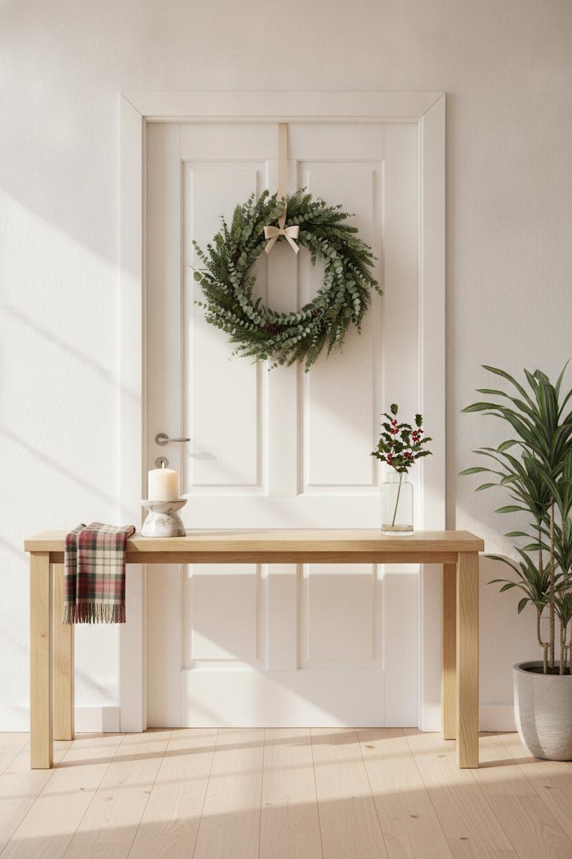 Minimalist holiday entryway with eucalyptus wreath, pine branches, holly vase, and plaid scarf — <a href=