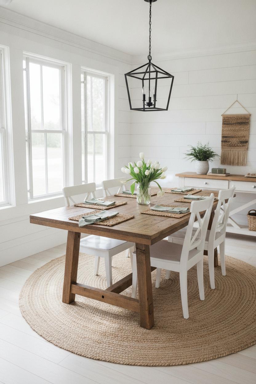 Bright farmhouse dining room with fixer upper style seasonal home decor, tulips, shiplap wall, and sage linen napkins
