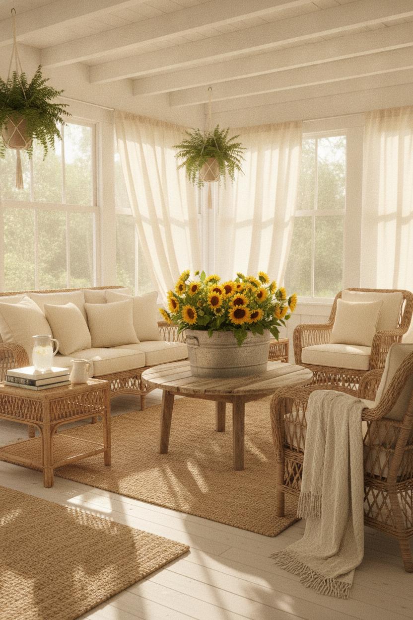 Farmhouse sunroom with whitewashed furniture, sunflowers, and rattan accents — fixer upper style seasonal home decor