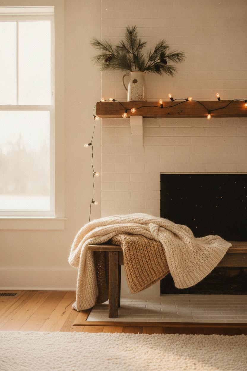 Cozy fixer upper style seasonal home decor with farmhouse fireplace, chunky knit blankets, pine branches, and Edison lights