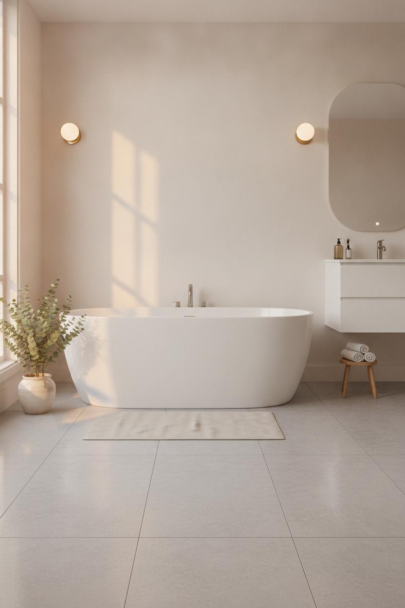 Modern small bathroom tile ideas for small spaces: large-format grey floor tiles, freestanding tub, warm sconce lighting.