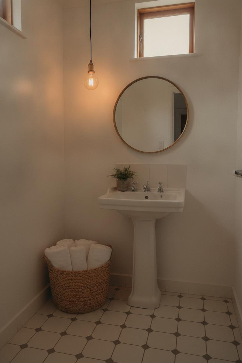 Small bathroom with diagonal cream diamond floor tiles, pedestal sink, round mirror, and warm Edison bulb lighting