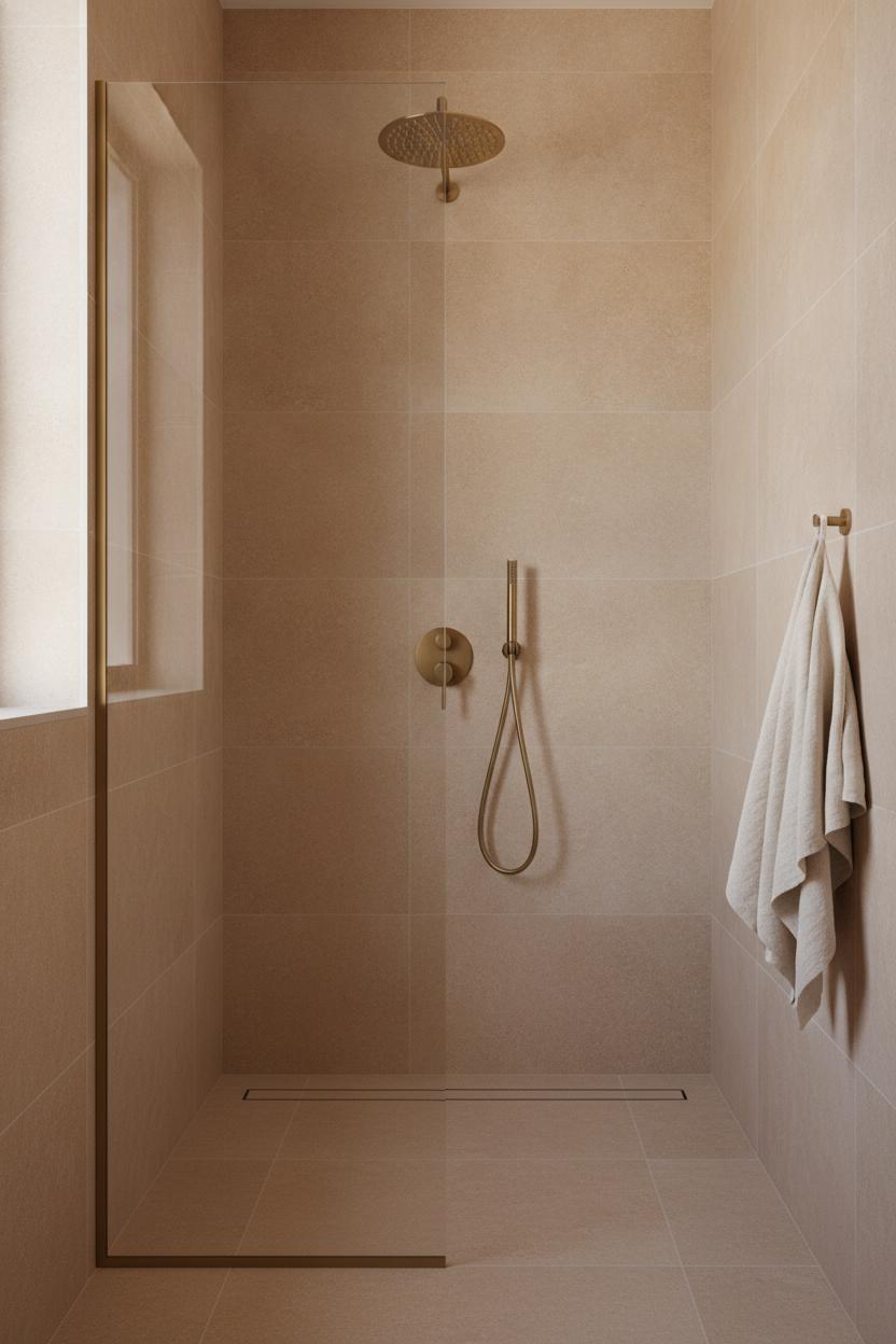 Minimalist small bathroom tile ideas for small spaces using warm beige zellige tiles flowing from floor to shower wall seamlessly