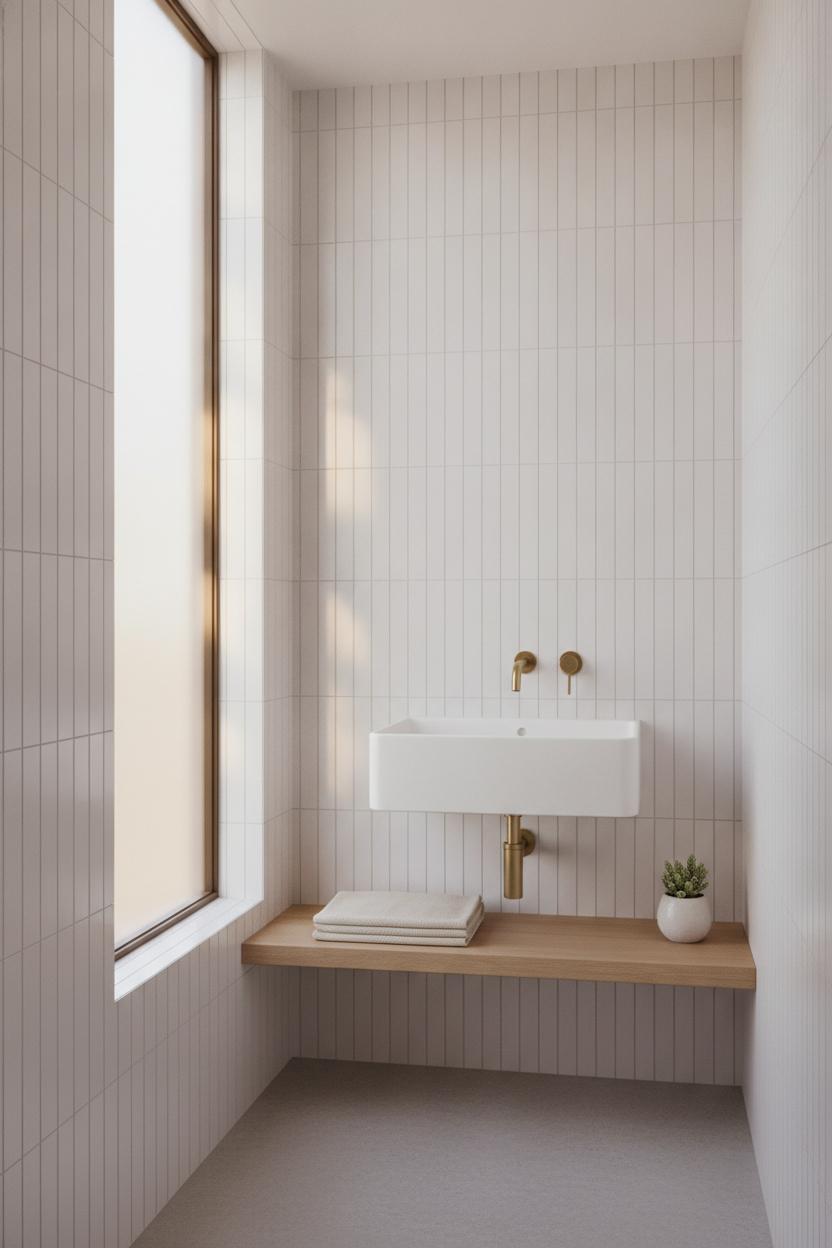 Small bathroom tile ideas for small spaces using floor-to-ceiling stacked white subway tiles with brushed gold vanity fixtures