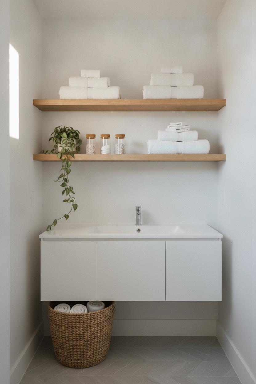 Minimalist small bathroom design ideas with floating wooden shelves, white towels, glass jars, and herringbone tile floor