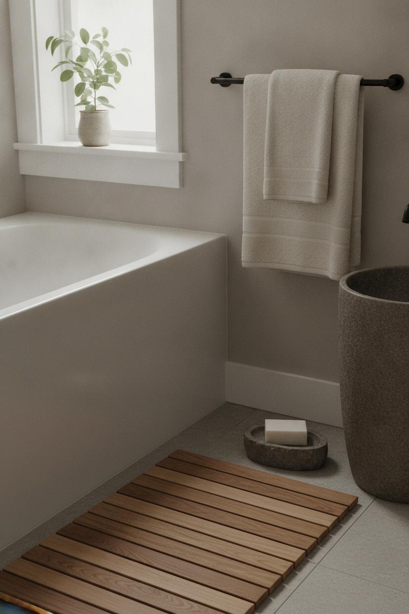 Minimalist small bathroom design ideas featuring teak bath mat, eucalyptus plant, linen towels, and stone soap dish