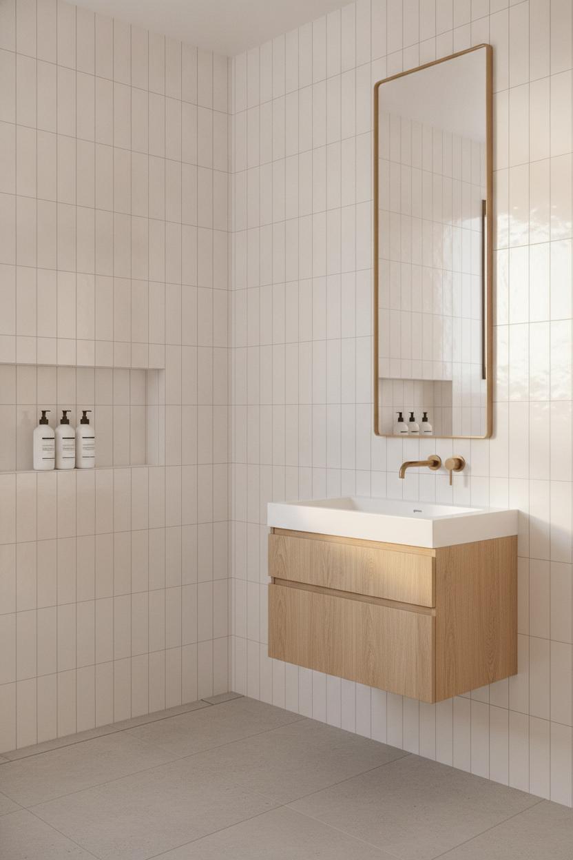 Minimalist small bathroom design ideas with white glossy tiles, brass mirror, wall-mounted vanity, and recessed shower niche