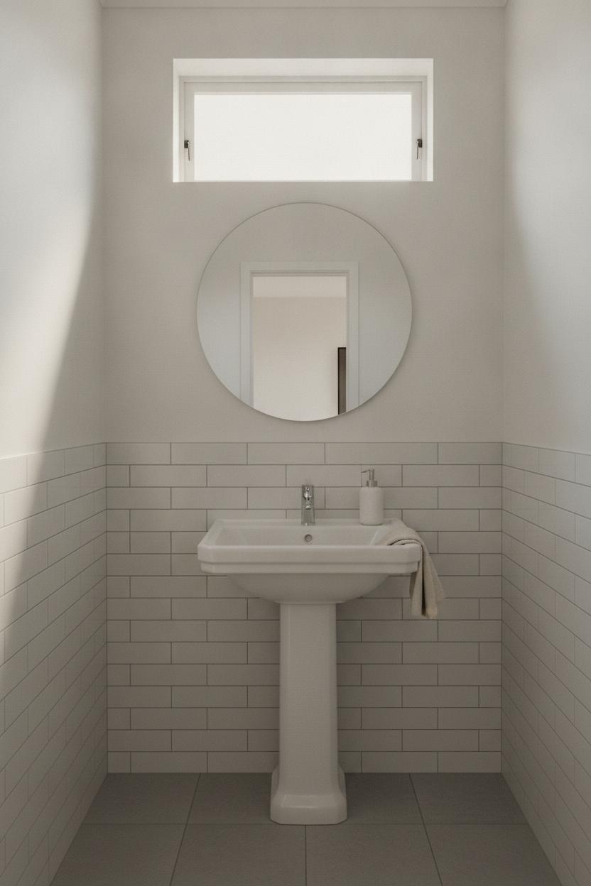 Minimalist small bathroom design ideas featuring white subway tiles, pedestal sink, and soft morning light