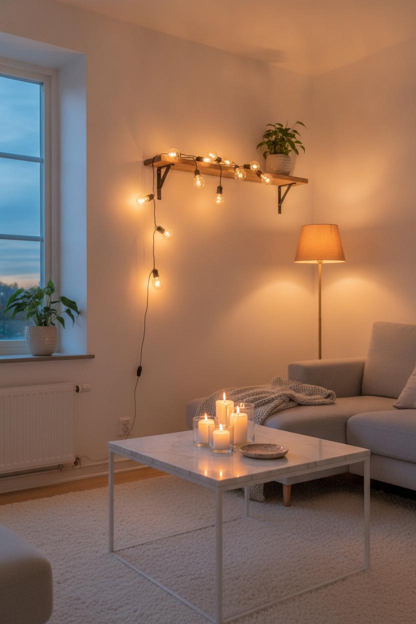 Scandinavian living room with Edison string lights, candle, and amber floor lamp—how to make living room cozier