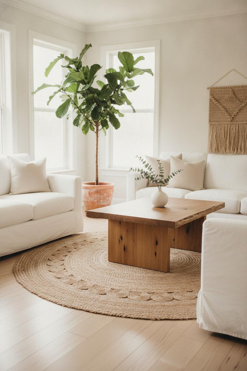 Bright living room with fiddle leaf fig, oak coffee table, and jute rug — how to make living room cozier with nature