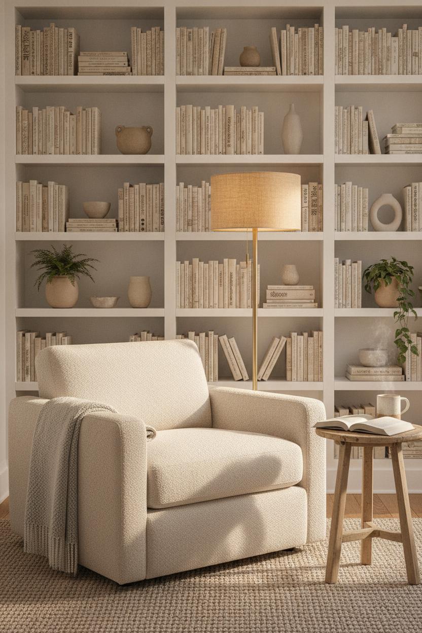 Cozy living room reading nook with boucle armchair, floor lamp, and built-in bookshelf to make your space cozier