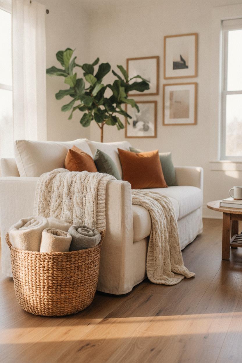 Cozy living room corner with cream linen sofa, chunky knit throws, terracotta cushions, and woven basket — how to make living room cozier