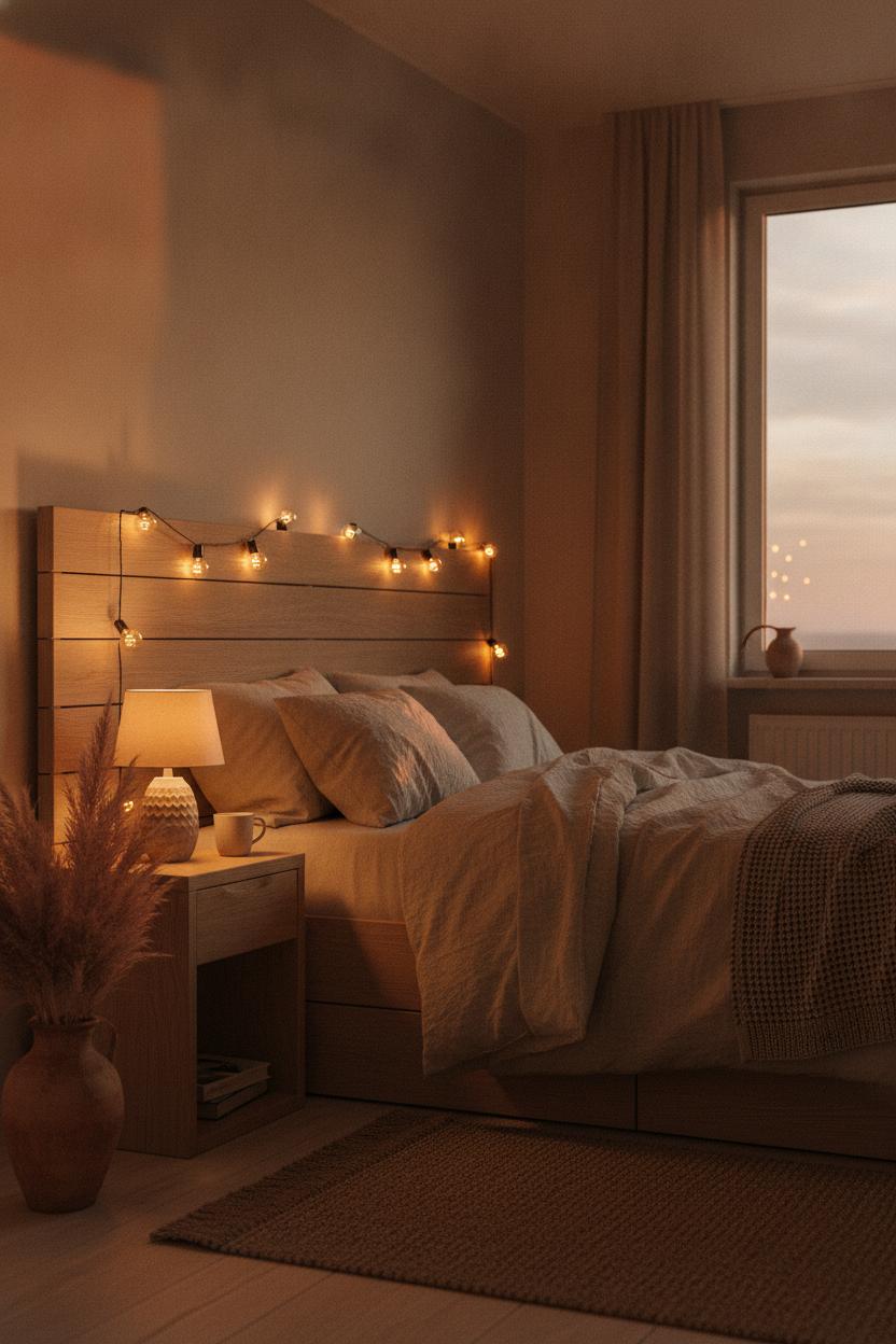 Minimalist hygge bedroom with Edison string lights, linen bedding, and pampas grass — cozy home aesthetic inspiration