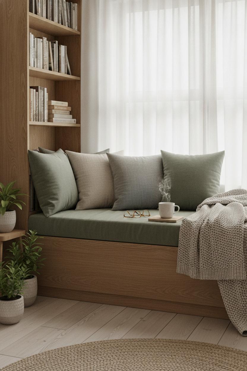 Built-in window seat reading nook with sage green cushions, books, knit blanket, and steaming mug — cozy home aesthetic inspiration