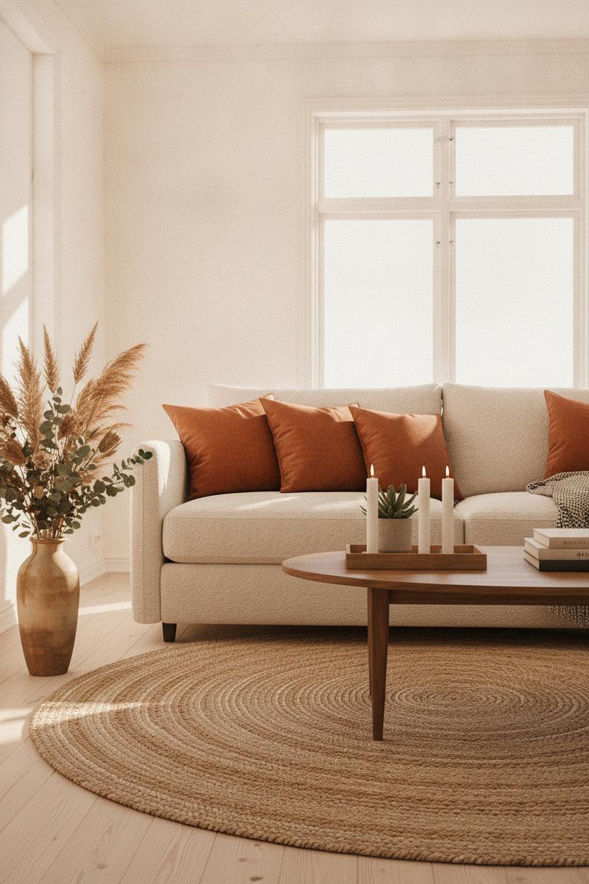 Scandinavian living room with boucle sofa, terracotta pillows, jute rug and candles — cozy home aesthetic inspiration