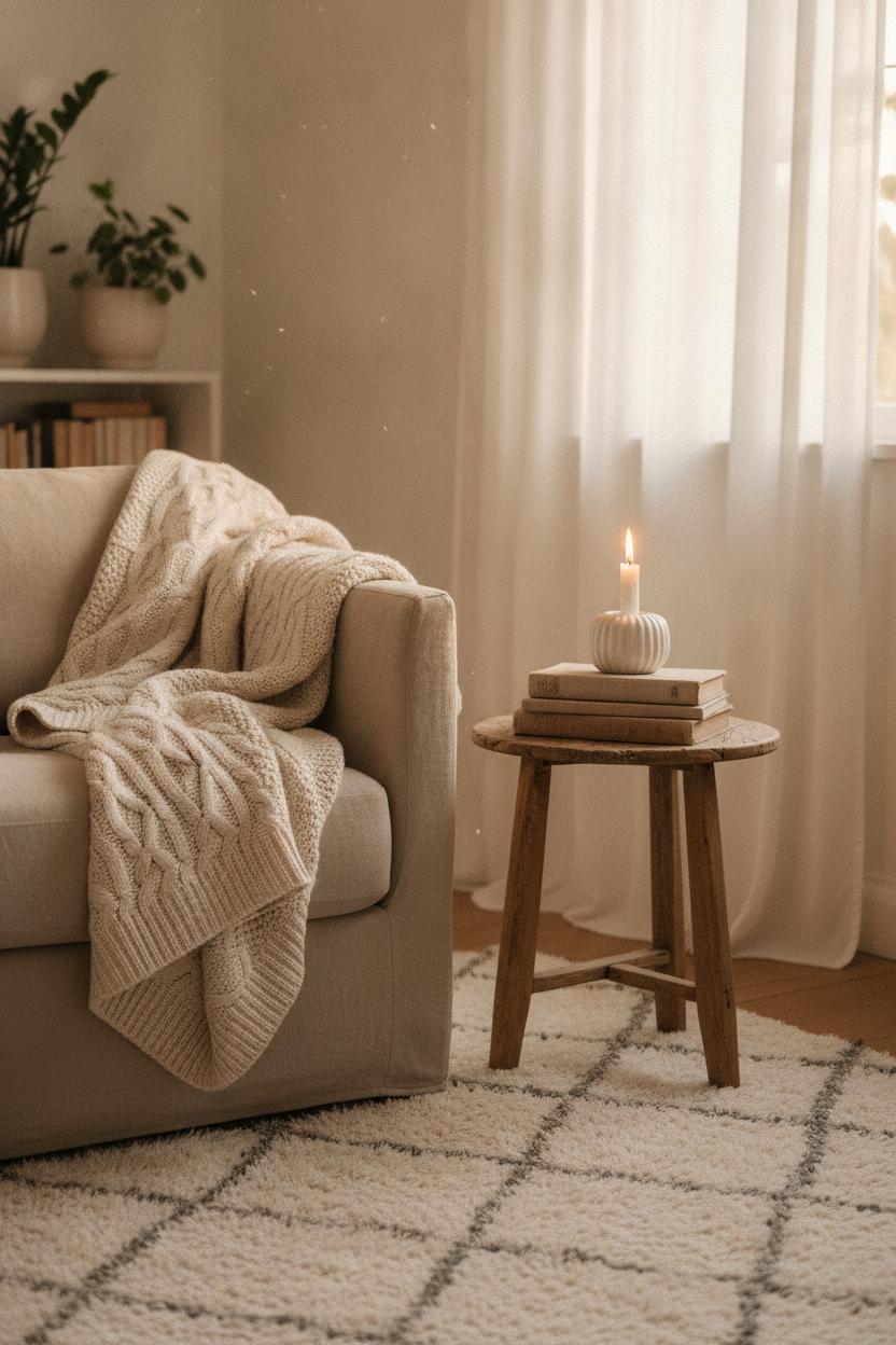 Cozy home aesthetic inspiration with chunky knit throw, linen sofa, stacked books, and candlelight in warm golden light