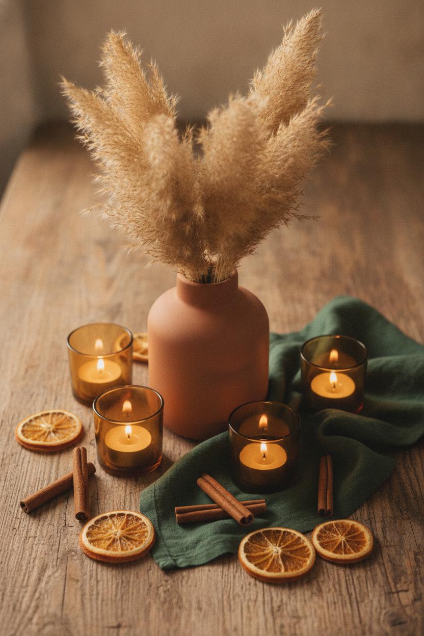 Hygge inspired seasonal home decor flat-lay with pampas grass, terracotta vase, amber candles, and dried oranges on rustic wood