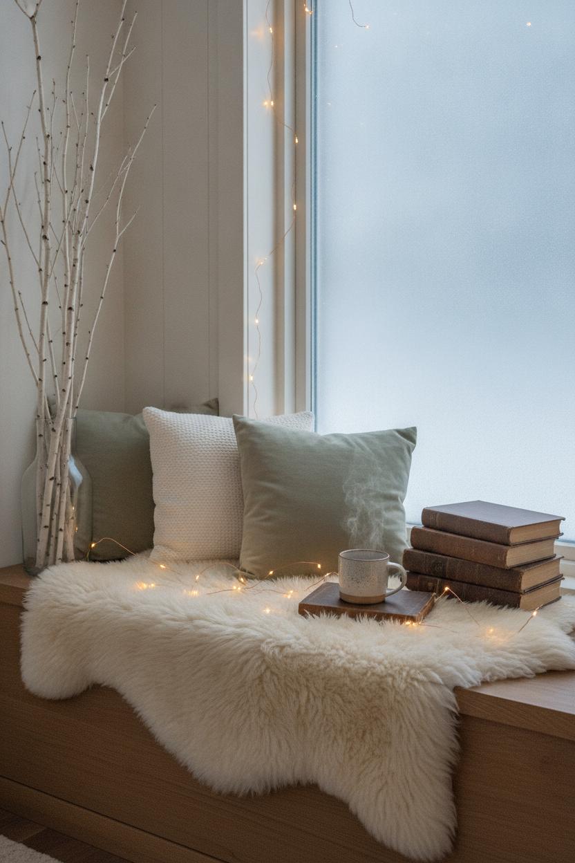 Cozy hygge inspired seasonal home decor window reading nook with sheepskin rug, books, steaming mug, and fairy lights