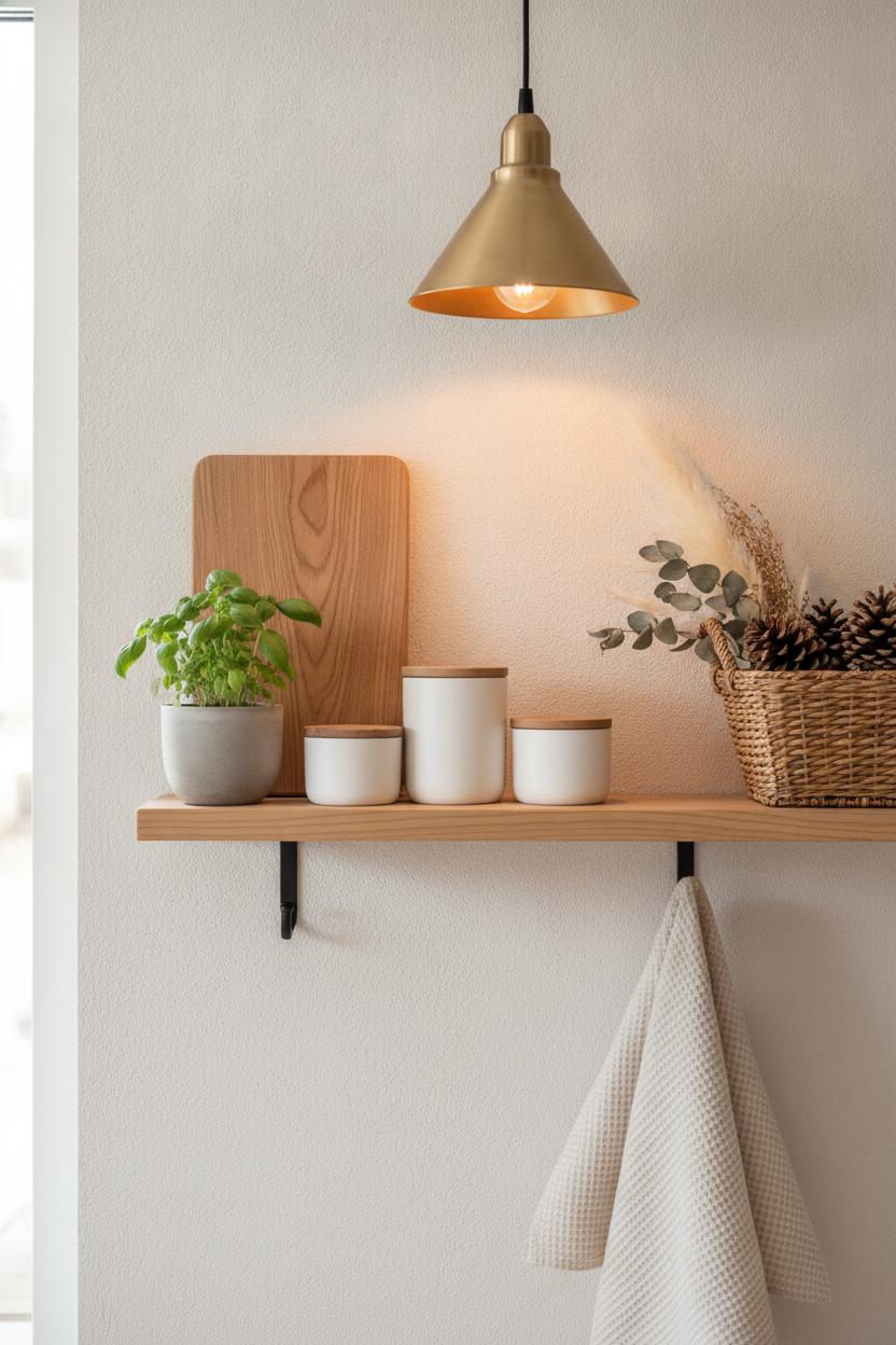 Hygge inspired seasonal home decor on a minimalist Scandinavian kitchen shelf with ceramics, herbs, pinecones, and warm golden light