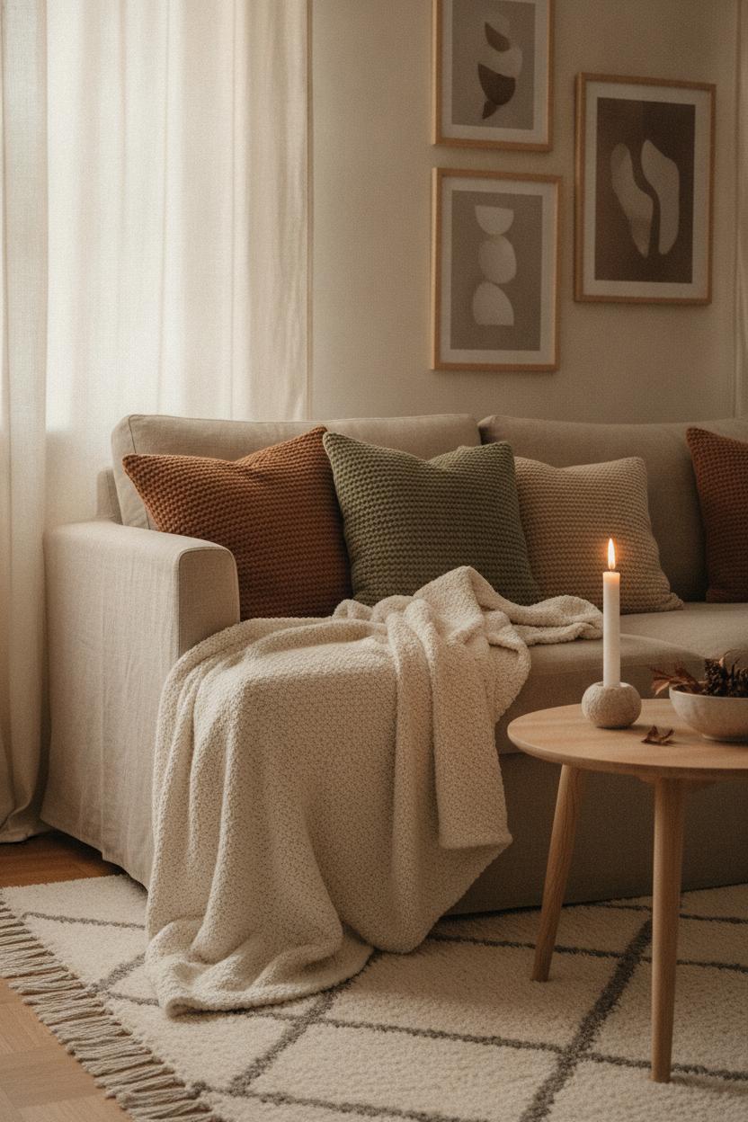 Hygge inspired seasonal home decor with boucle throw, knit pillows, and candlelit wooden side table in cozy Scandinavian living room
