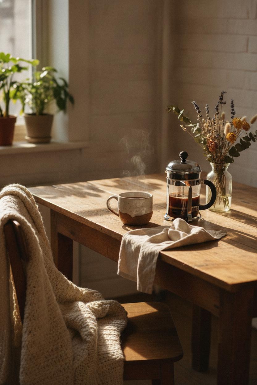 Rustic ceramic coffee mug and French press on wooden table styled for a cozy morning routine slow living aesthetic