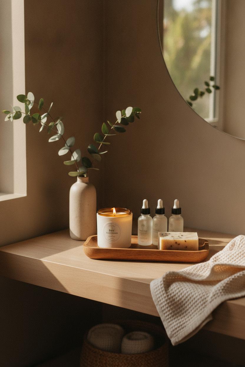 Wooden tray with soy candle, essential oils, and eucalyptus on bathroom vanity for a cozy morning routine slow living aesthetic