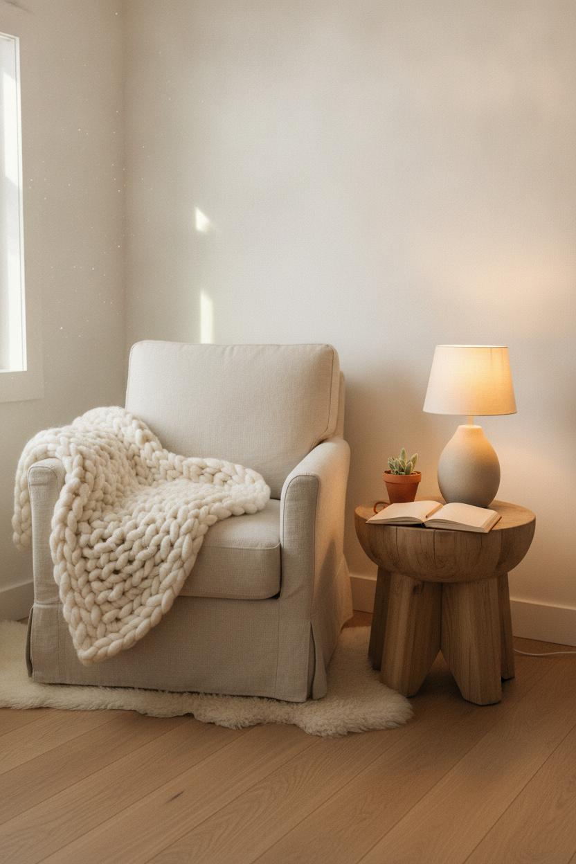 Cozy reading nook with linen armchair, knit blanket, and glowing lamp for a slow living morning routine