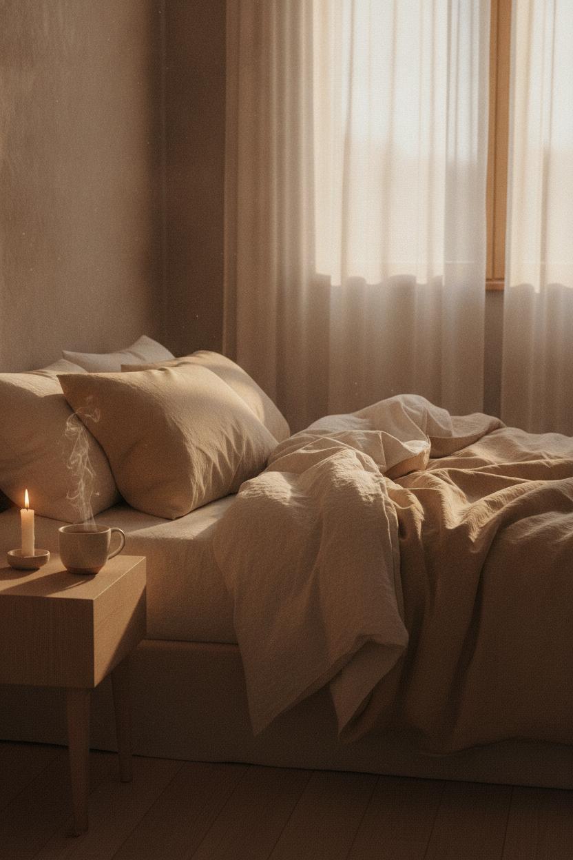 Cozy morning routine slow living: minimalist bedroom at dawn with linen bedding, candle, and steaming tea in golden light