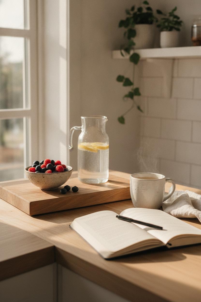 Scandinavian kitchen countertop styled with herbal tea, fresh berries, and journal for a wellness morning routine self care setup