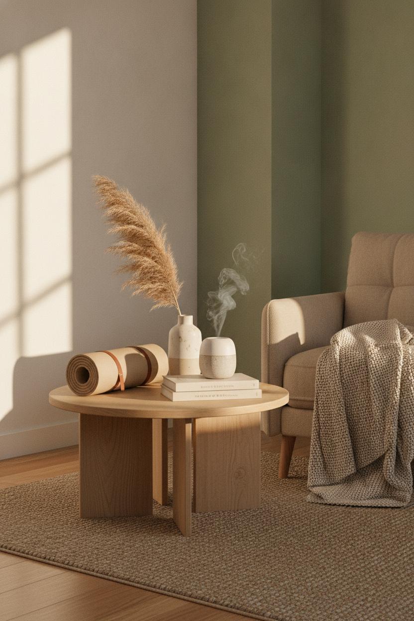 Cozy living room nook with yoga mat, diffuser, and books for a wellness morning routine self care ritual