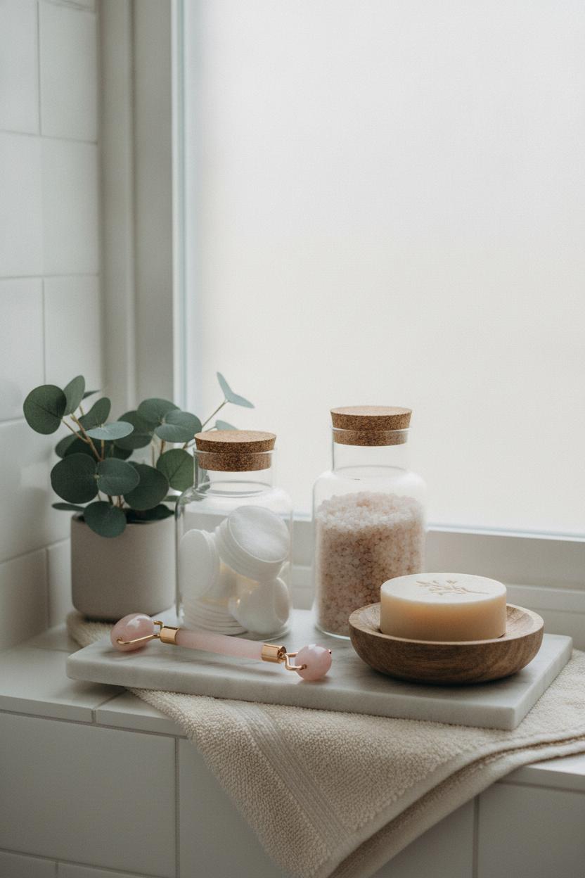 Styled bathroom shelf with apothecary jars, eucalyptus plant, and rose quartz roller for a wellness morning routine self care
