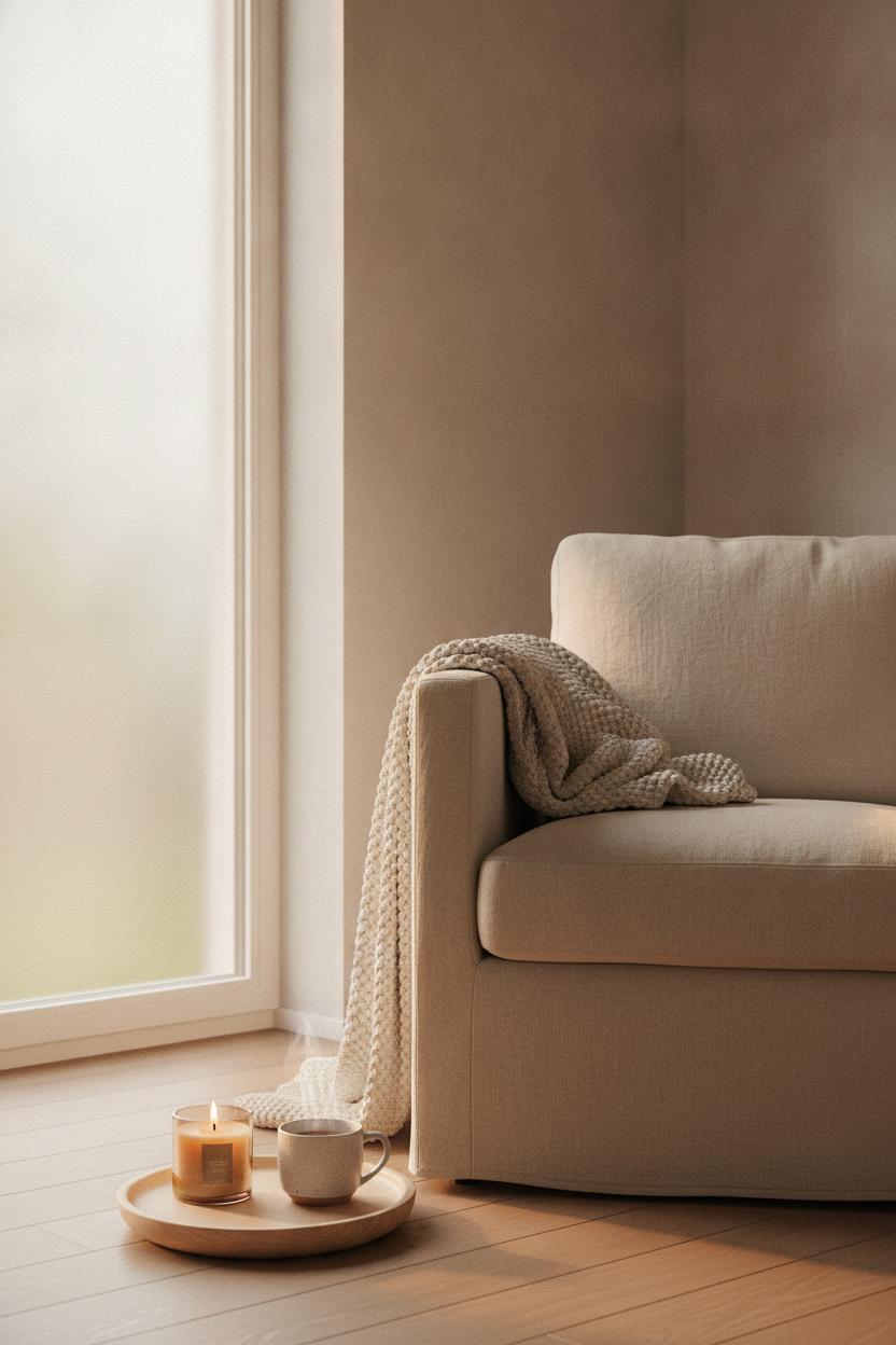 Minimalist bedroom corner with armchair, steaming mug, and candle supporting a calming wellness morning routine self care space