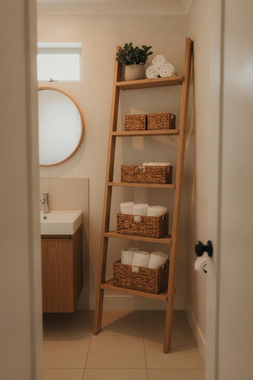Cozy small bathroom showing how to maximize a small bathroom with wood ladder shelf, wicker baskets, and rolled towels