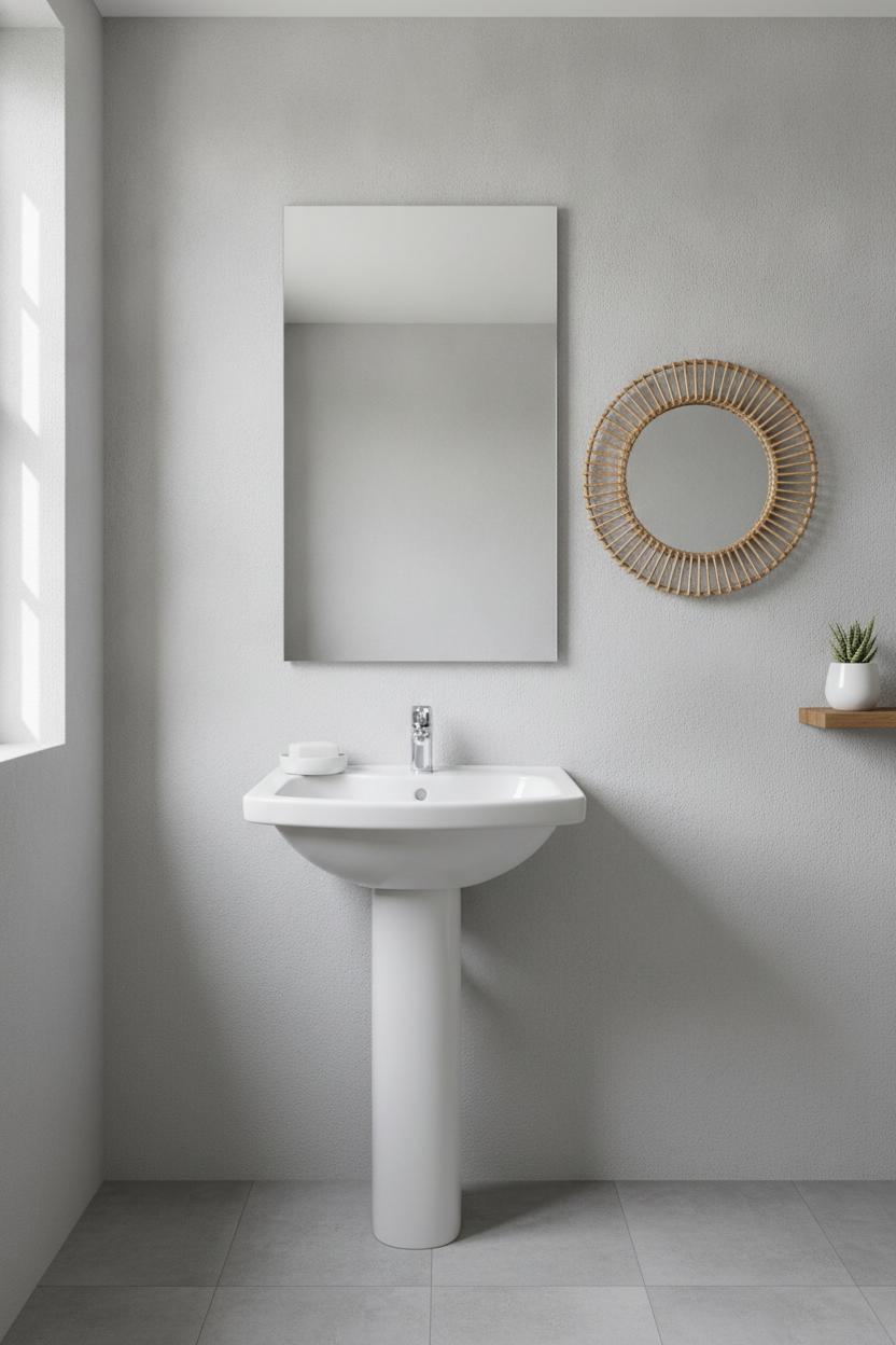 Minimalist small bathroom with frameless mirror and pedestal sink showing how to maximize a small bathroom's airy feel