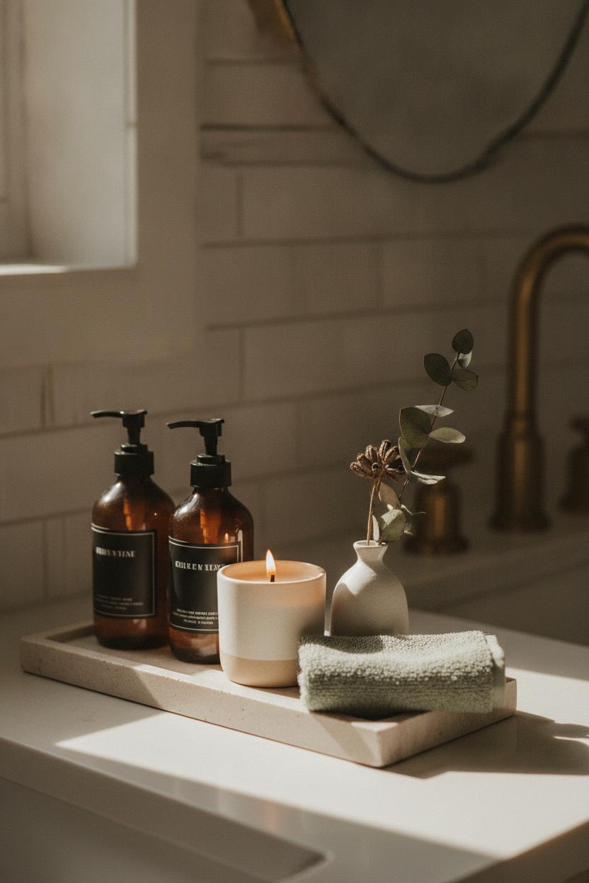 Minimalist bathroom countertop tray with amber bottles and sage towel — how to maximize a small bathroom with calm style
