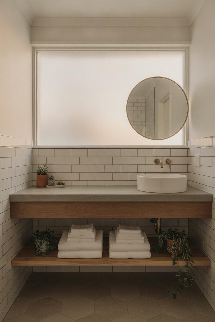 Floating vanity and open shelving maximize a small bathroom with subway tiles and warm wood accents