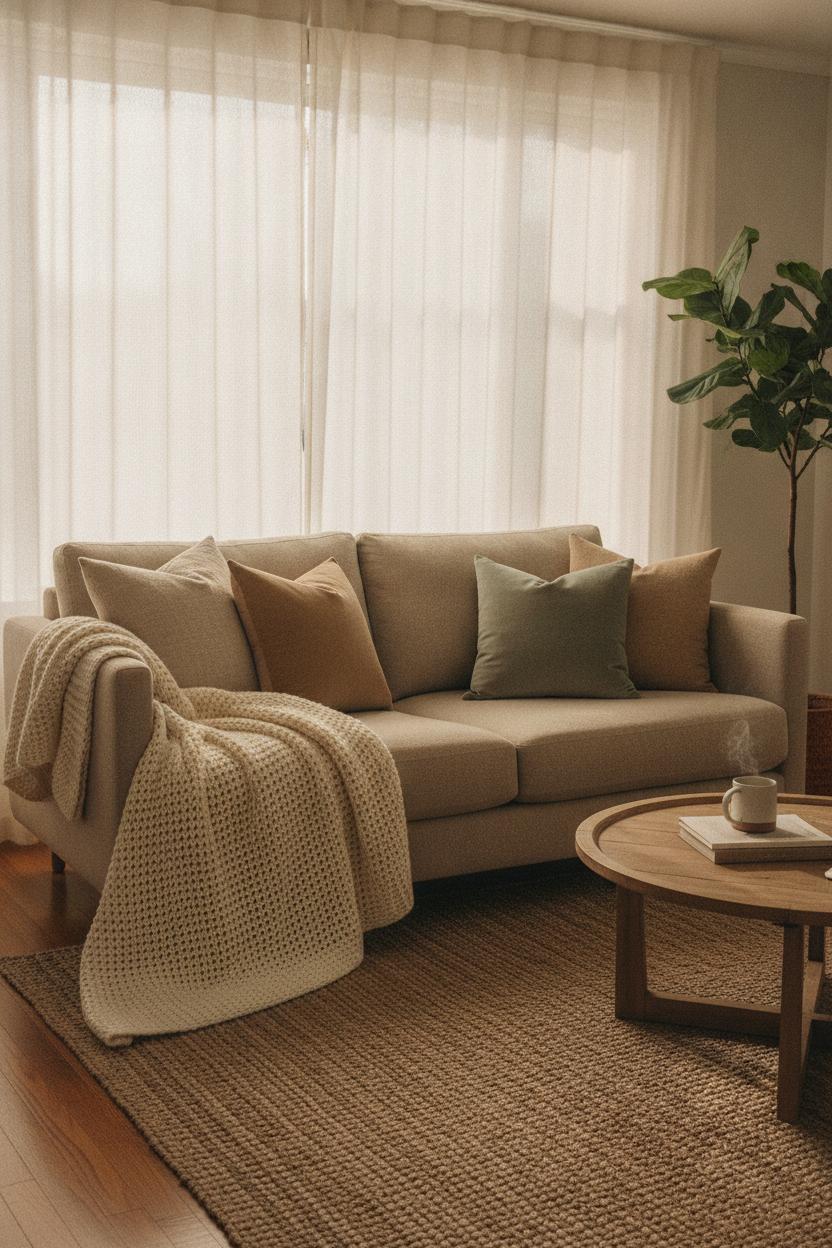 Cozy living room sofa with chunky cream knit throw and textured pillows—hygge living room essential decor pieces