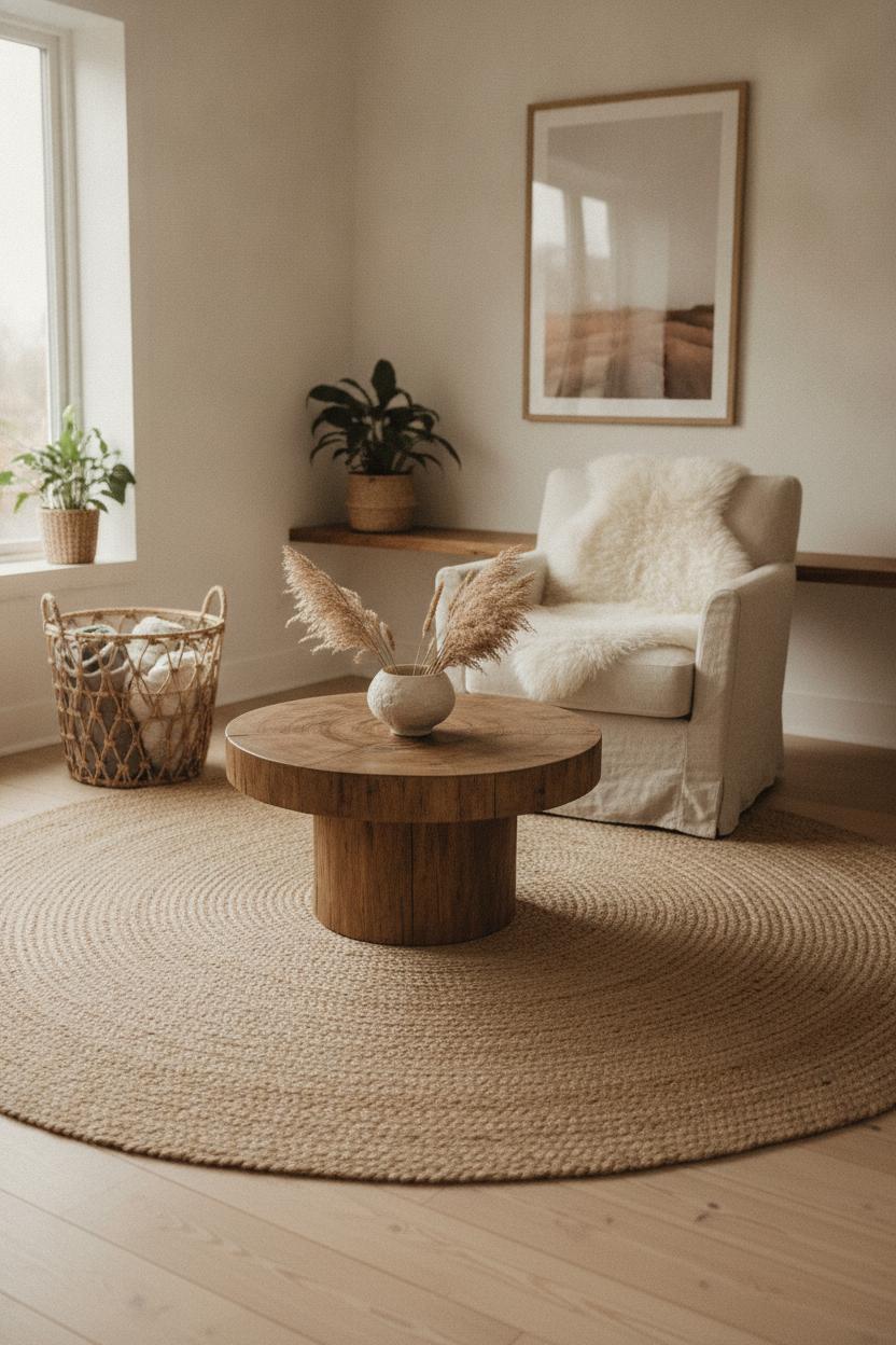 Hygge living room essential decor pieces: jute rug, linen chair, sheepskin throw, pampas grass, and woven basket in warm light.